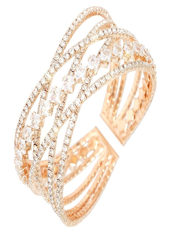 Wovanoo Rhinestone Bracelets Multilayer Cuff Bracelet Sparkling Crystal Layered Bridal Bracelets for Women Gold 3 - Image 1